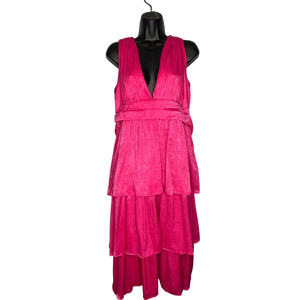 Lulus Peak Party Vibe Hot Pink Satin Tiered Tie Back Dress Women's XL Plunging
